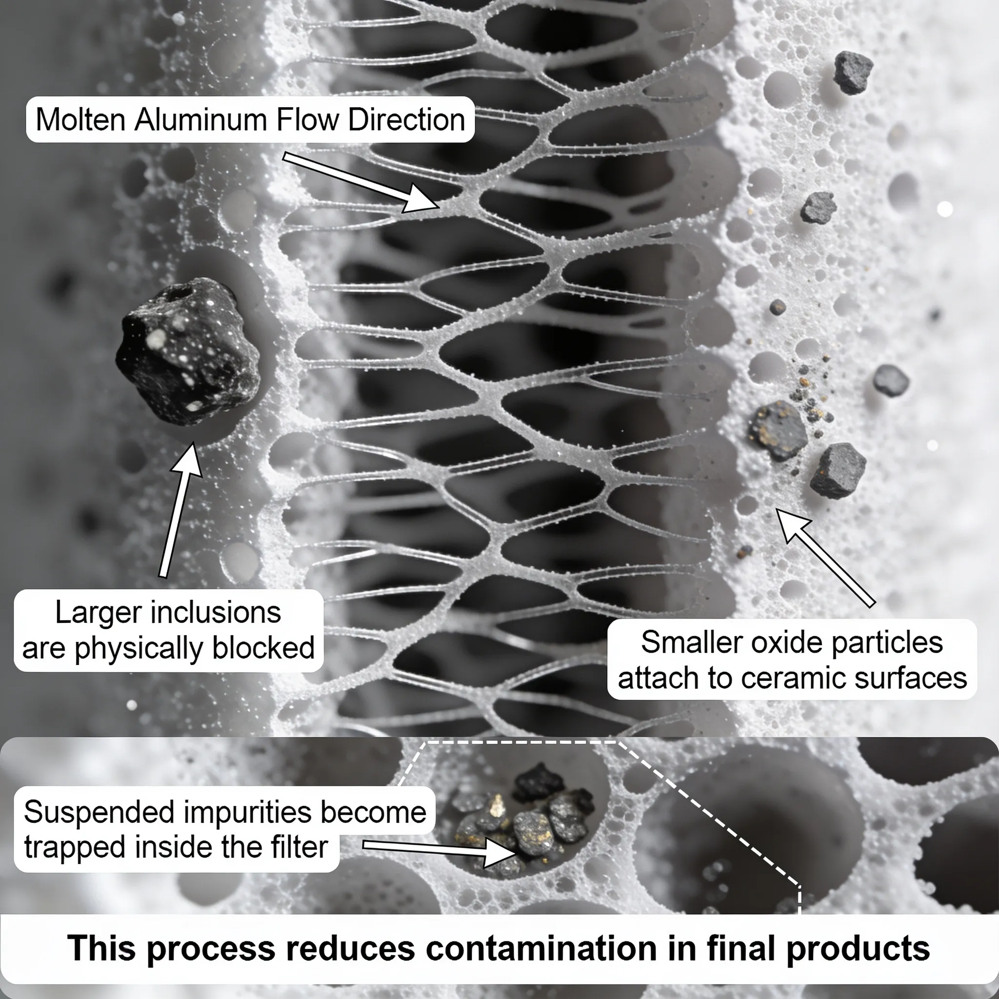 Estrutura de um filtro de espuma cerâmica sob o microscópio
